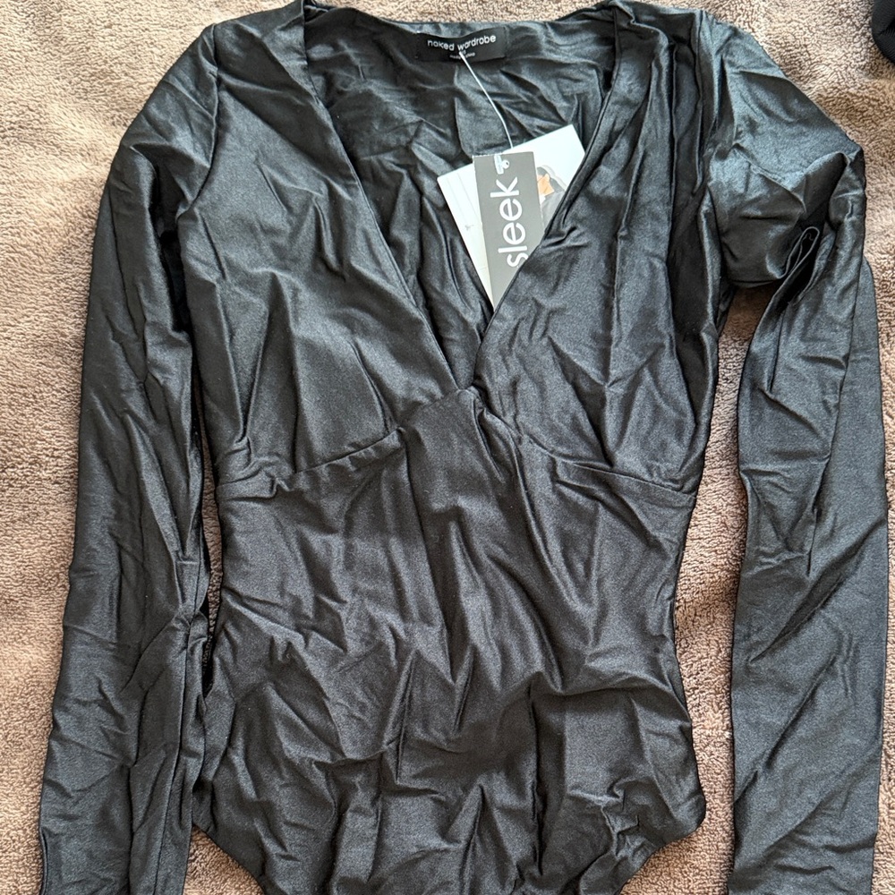 naked wardrobe Black Long-Sleeve V-Neck Wrap Bodysuit
